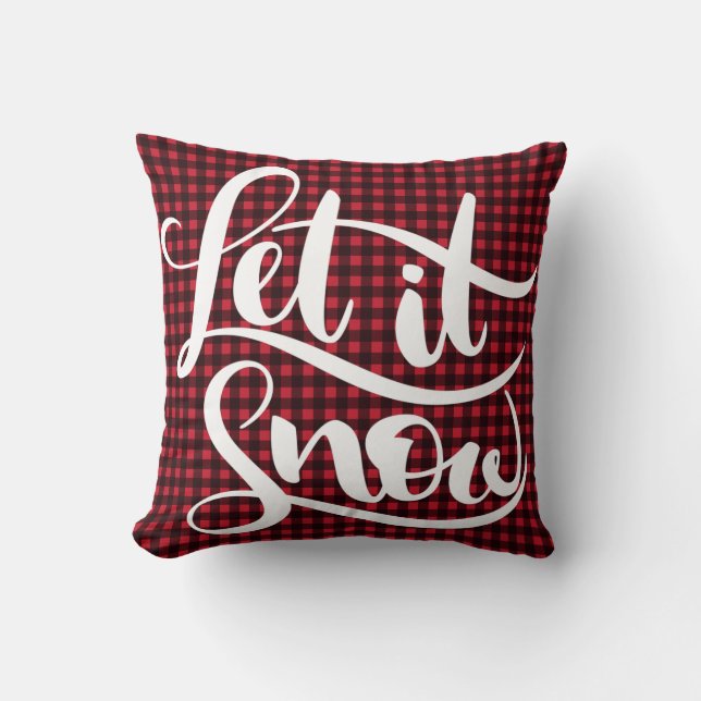 Let it Snow Lettering Red Black Buffalo Plaid Xmas Cushion (Front)