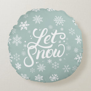 Let It Snow Mint Green White Snowflakes Holiday Round Cushion