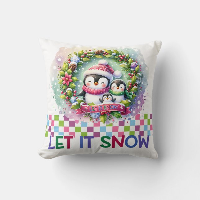 Let It Snow Penguin Family Christmas Pillow (Front)