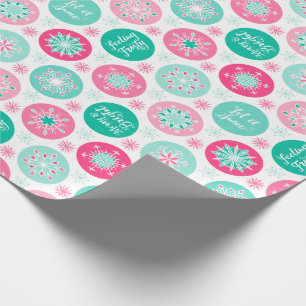 Let It Snow Pink Teal Snowflakes Wrapping Paper