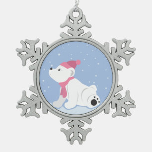 Let It Snow! (Polar Bear Cub) Snowflake Pewter Christmas Ornament