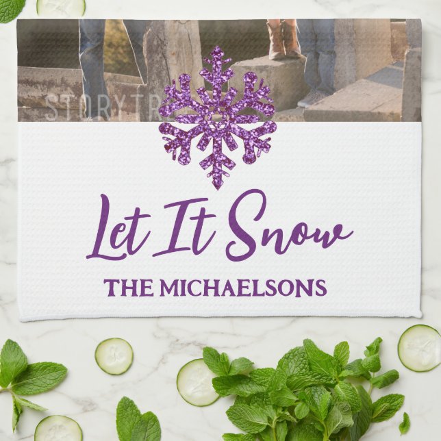Let It Snow Purple Snowflake Tea Towel (Folded)