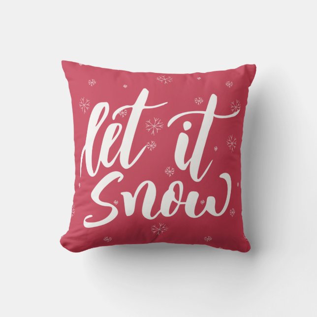 Let it Snow Red and White Snowflakes Calligraphy Cushion (Front)