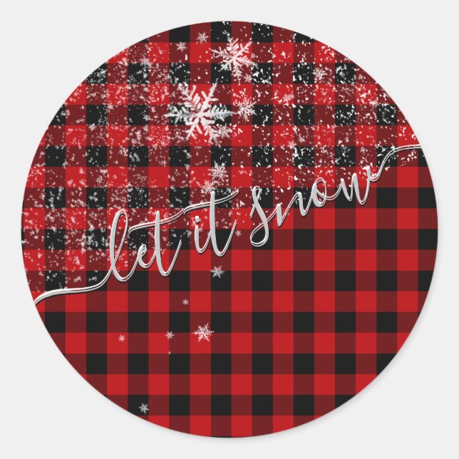 Let It Snow Script Buffalo Plaid Merry Christmas Classic Round Sticker (Front)