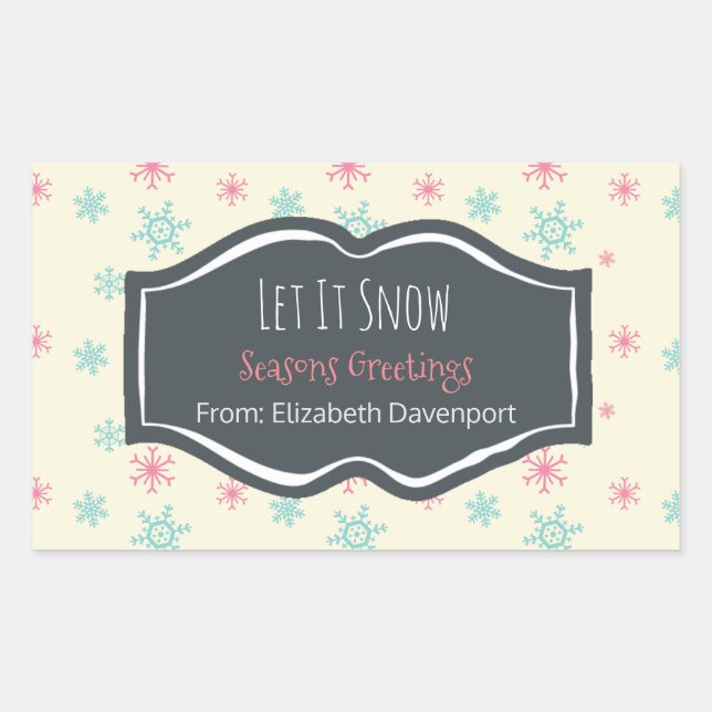 Let it Snow Seasons Greetings Snowflake Custom Rectangular Sticker (Front)