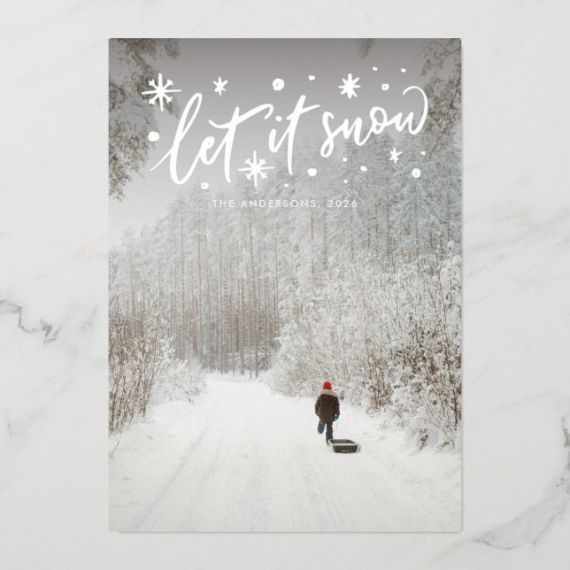 Let it Snow Silver Lettering Christmas Photo Foil Holiday Card (Front)