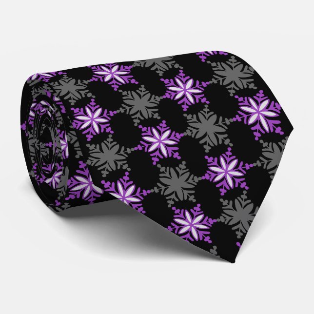 Let It Snow Snowflake Black & Purple Single-Sided Tie (Rolled)