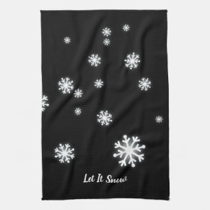 Let It Snow Snowflakes on Black Holiday Tea Towel