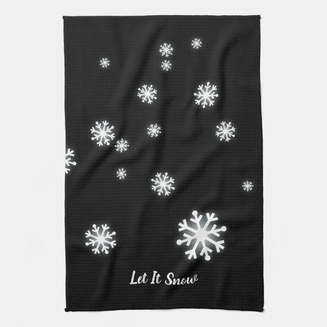Let It Snow Snowflakes on Black Holiday  Tea Towel (Vertical)