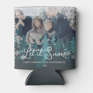 Let It Snow   Snowflakes Pine Tree Christmas Photo Can Cooler