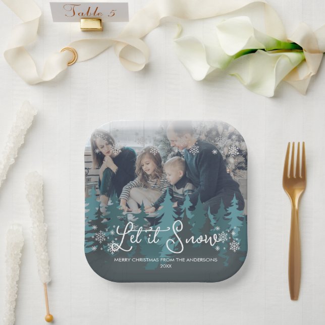 Let It Snow | Snowflakes Pine Tree Christmas Photo Paper Plate (Wedding)