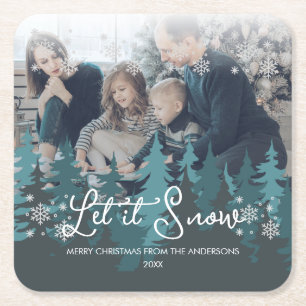 Let It Snow Snowflakes Pine Tree Christmas Photo Square Paper Coaster