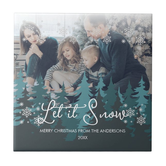 Let It Snow | Snowflakes Pine Tree Christmas Photo Tile (Front)