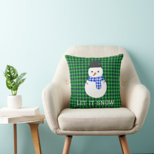Let It Snow Snowman Green Plaid Cushion