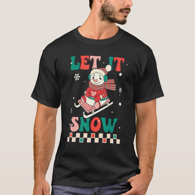 Let It Snow Snowman Groovy Retro Christmas Holiday T-Shirt (Front)