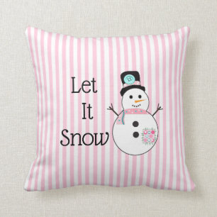Let It Snow Snowman Pink & White Christmas Pillow