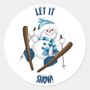 Let It Snow! Snowman Skier Classic Round Sticker