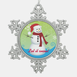 Let It Snow! Snowman Wearing Santa Hat Snowflake Pewter Christmas Ornament