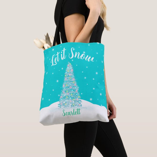 Let it Snow Teal Aqua Christmas Tree Holiday Tote Bag (Close Up)