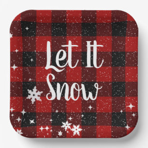 Let It Snow Text on Buffalo Plaid Paper Plate