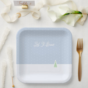 Let It Snow Tiny Winter Tree Ice Blue Polka Dots Paper Plate