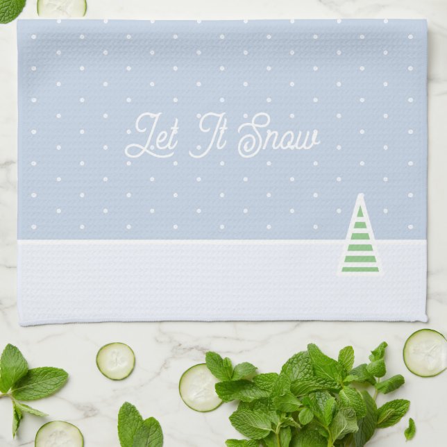 Let It Snow Tiny Winter Tree Ice Blue Polka Dots Tea Towel (Folded)