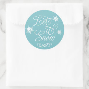 Let It Snow White Script Aqua Snowflake Classic Round Sticker