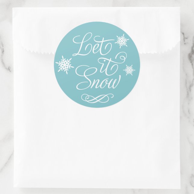 Let it Snow White Script Holiday Aqua Blue Classic Round Sticker (Bag)