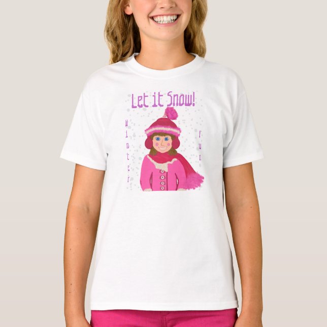 Let it Snow Winter Fun Girls Pink Hat Scarf T-Shirt (Front)