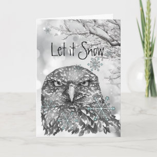 Let it Snow Winter Snowflakes Fun Christmas Owl   Holiday Card
