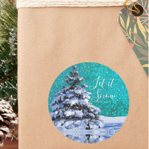 Let it snow winter tree teal blue white classic round sticker