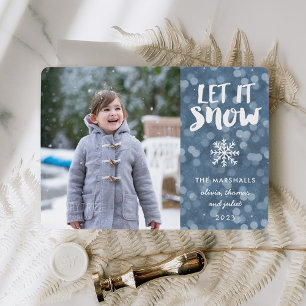 Let It Snow Wintry Blue Bokeh Photo Card