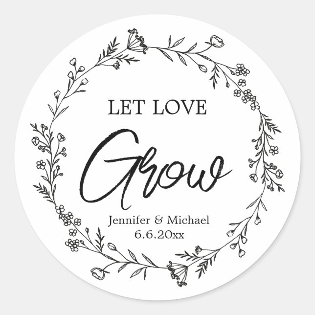 let love grow black&white botanical wedding  classic round sticker (Front)