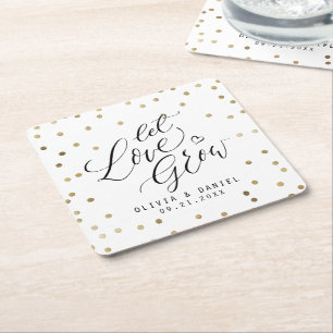 "Let love grow" modern calligraphy wedding Square Paper Coaster
