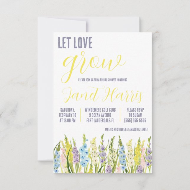 Let Love Grow, Pastel Gladiolus Bridal Shower Invitation (Front)