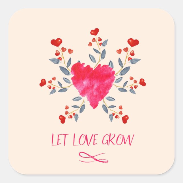 Let Love Grow Romantic Watercolor Hearts Square Sticker (Front)