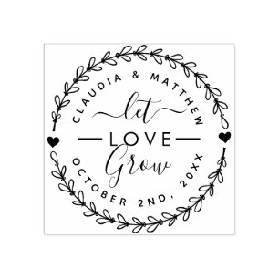 Let Love Grow Round Wreath Elegant Wedding Date Rubber Stamp