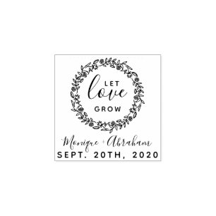 Let Love Grow   Rustic Botanical Wreath Wedding Rubber Stamp