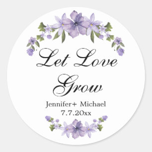 let love grow watercolor purple flowers wedding classic round sticker