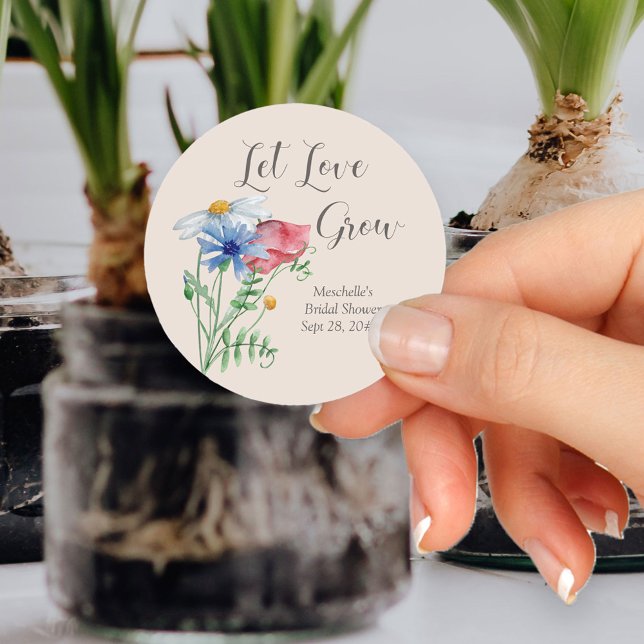 Let Love Grow Wildflower Charm Bridal Shower Classic Round Sticker (Let Love Grow bridal shower sticker from my Wildflower Charm collection)