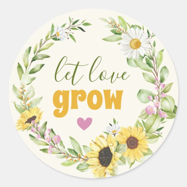 Let Love Grow Wildflower Sunflower Bridal Shower Classic Round Sticker (Front)