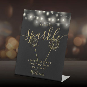 Let Love Sparkle Black And Gold String Lights Pedestal Sign