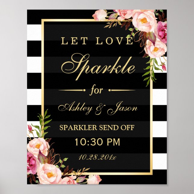 Let Love Sparkle Gold Floral Stripes Wedding Sign (Front)
