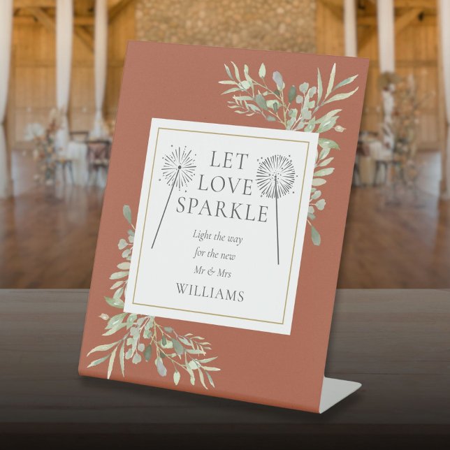 Let Love Sparkle Greenery Terracotta Wedding Pedestal Sign (Let Love Sparkle Greenery Terracotta Wedding Pedestal Sign)