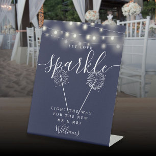 Let Love Sparkle Navy Blue String Lights Pedestal Sign