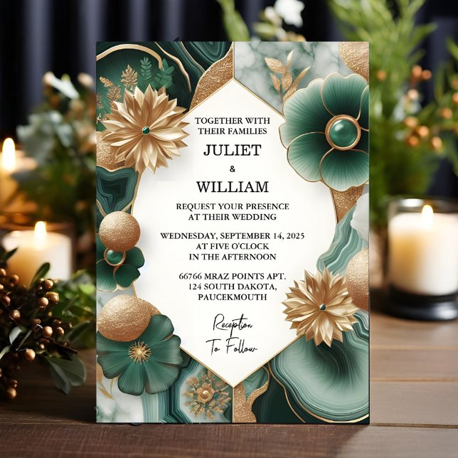 Let Marble Monstera Emerald Green And Gold Wedding Invitation (Creator Uploaded)