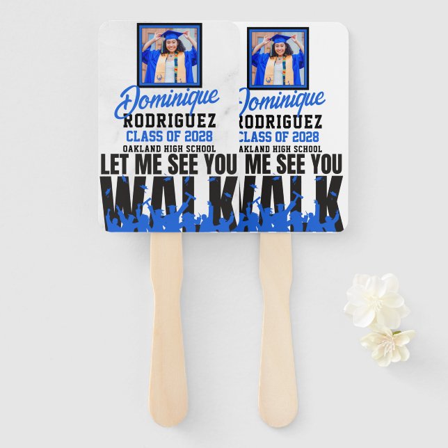 Let Me See you WALK Blue|Black 2 Photos Graduation Hand Fan (Front and Back)