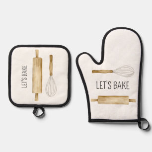 Let’s Bake Watercolor Wooden Kitchen Utensils Oven Mitt & Pot Holder Set