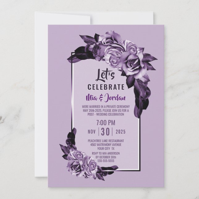 Let’s Celebrate Purple Rose Floral Elopement Invitation (Front)