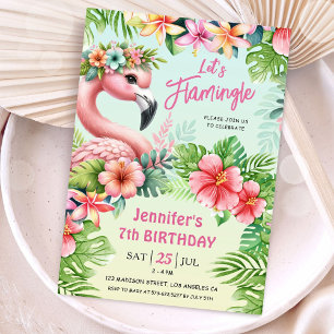 Let’s Flamingle Girls Pink Flamingo 7th Birthday  Invitation